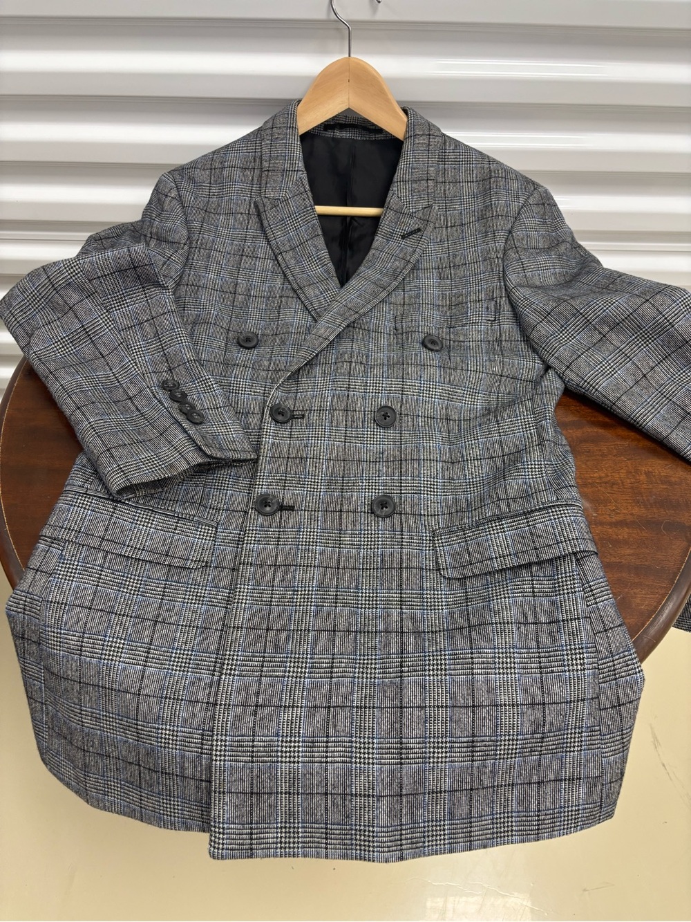 Topman Double-Breasted Glen Plaid Blazer - Gray with Blue Windowpane